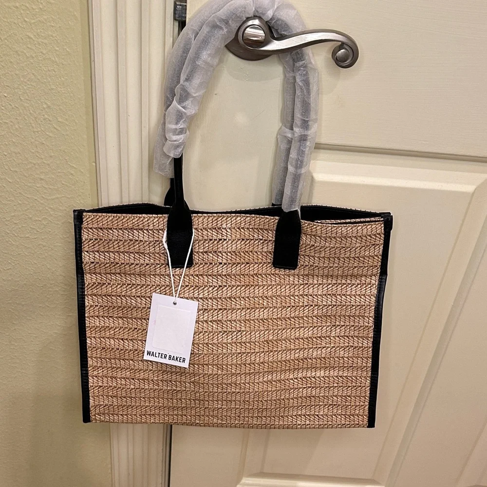 Walter Baker Delaney Woven Tote Bag Tan Black Raffia Leather Trim Boho Resort